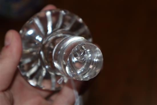 A set of five Stourbridge cut glass wine glasses and a pair of decanters, one lacking a stopper (3)